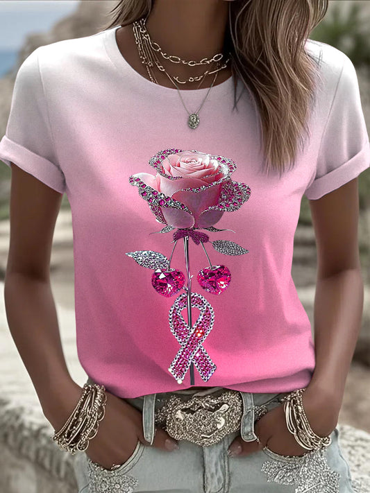 Damska różowa wstążka Rhinestone Print Casual T-Shirt