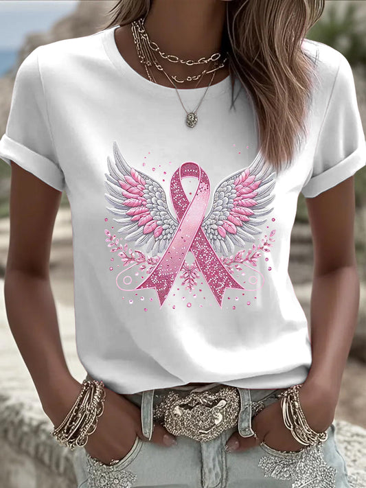Damska wstążka z rakiem piersi Skrzydła z cekinami z nadrukiem Casual T-Shirt
