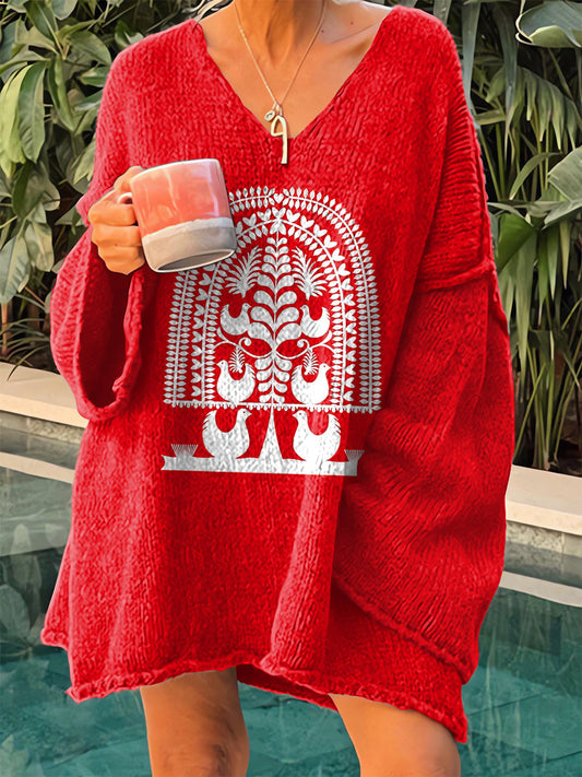 Damski sweter z dekoltem w serek i nadrukiem w stylu vintage