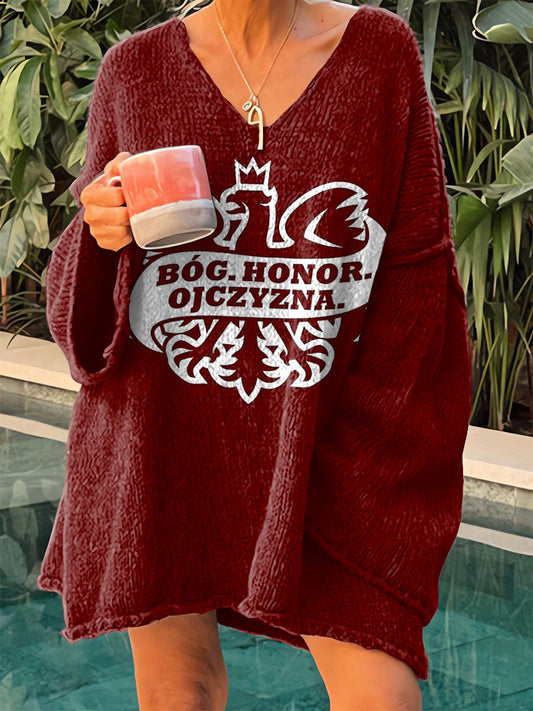 Damski sweter z dekoltem w serek i nadrukiem w stylu retro