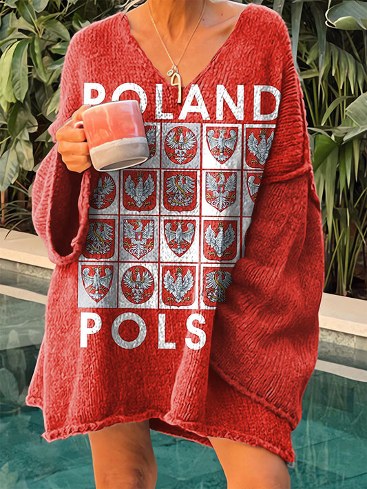 Damski sweter z dekoltem w serek i losowym nadrukiem