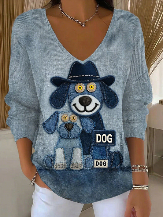 Damski retro zwierzęcy nadruk casualowy top z długim rękawem