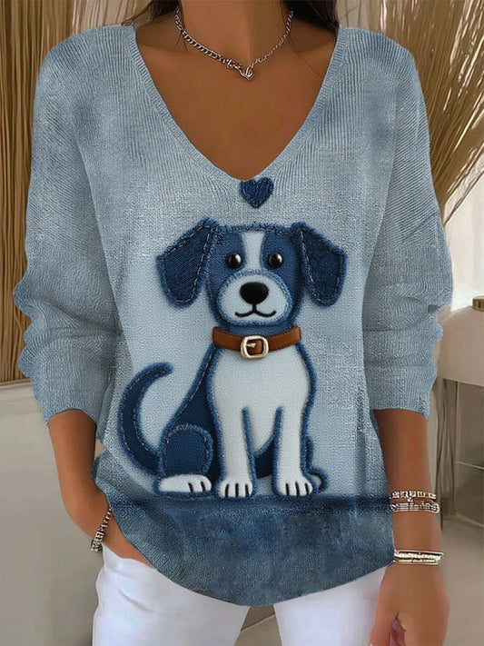 Damski retro zwierzęcy nadruk casualowy top z długim rękawem