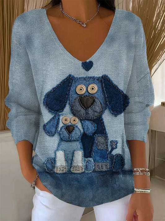 Damski retro zwierzęcy nadruk casualowy top z długim rękawem