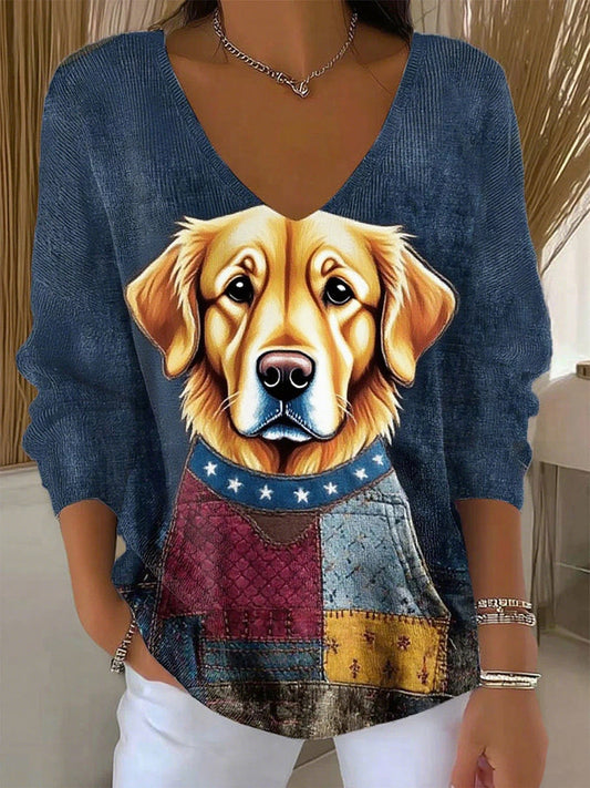 Damski retro zwierzęcy nadruk casualowy top z długim rękawem