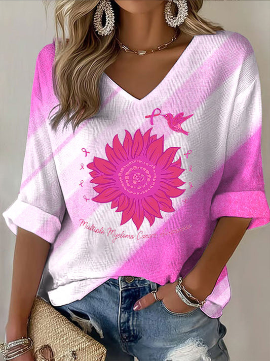 Damska różowa kwiatowa wstążka Casual Koszulka z długim rękawem