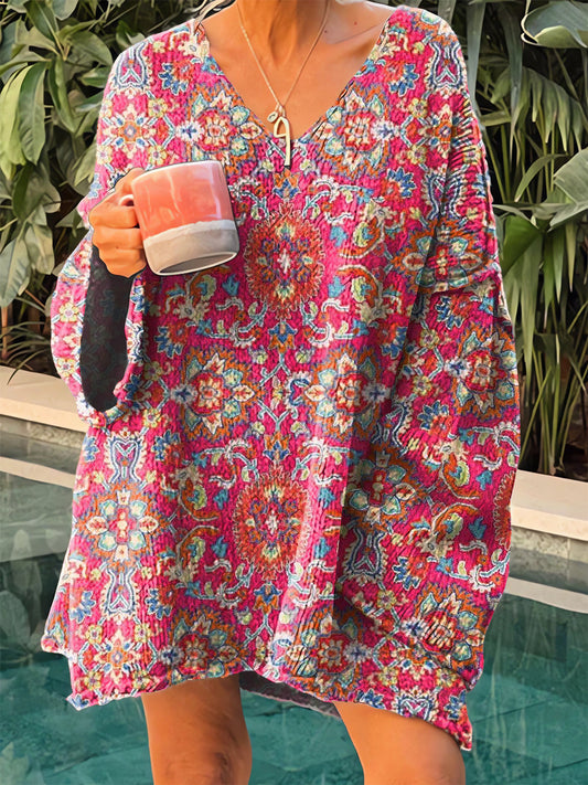 Damski vintage etniczny geometryczny kwiatowy sweter z nadrukiem w szpic