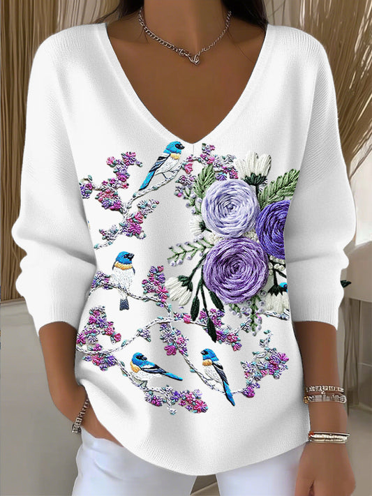 Damski vintage ptak i kwiatowy top z dekoltem w szpic