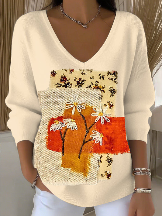 Damska koszulka patchworku z dekoltem w szpic w stylu vintage