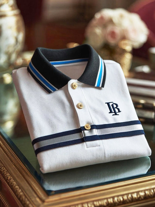 Klasyczna koszulka polo z krótkim rękawem w paski emblemat biznesowy