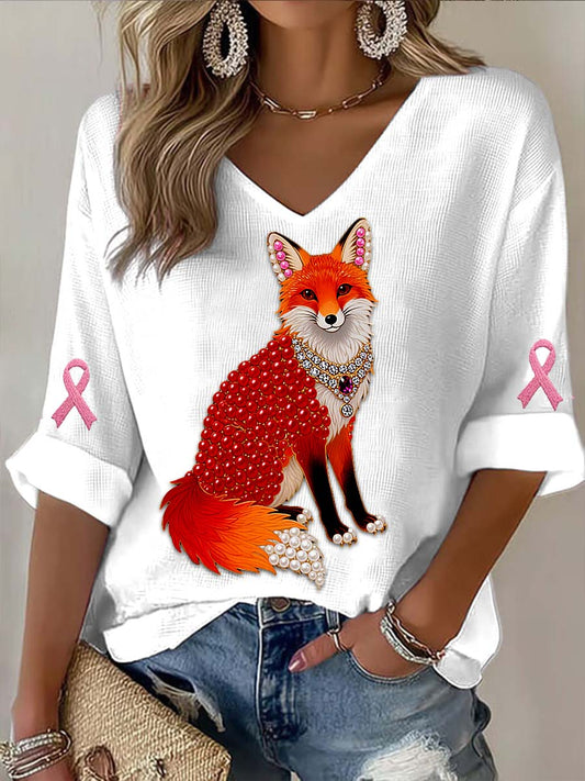 Vintage Fox Pearl Breast Cancer Print Casualowa bawełniana koszulka z długim rękawem