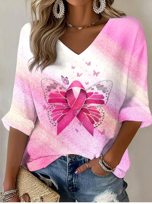 Różowa kokardka gradientowa damska dekolt w szpic Casual krótka koszulka