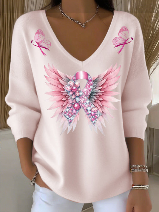 Różowy rak piersi Damski sweter z dekoltem w szpic