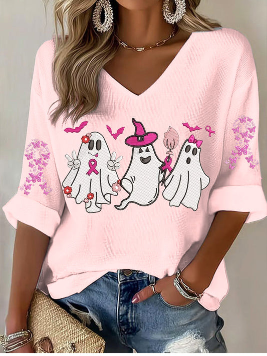 Halloweenowy duch wzór damski dekolt w szpic Casual krótki T-shirt