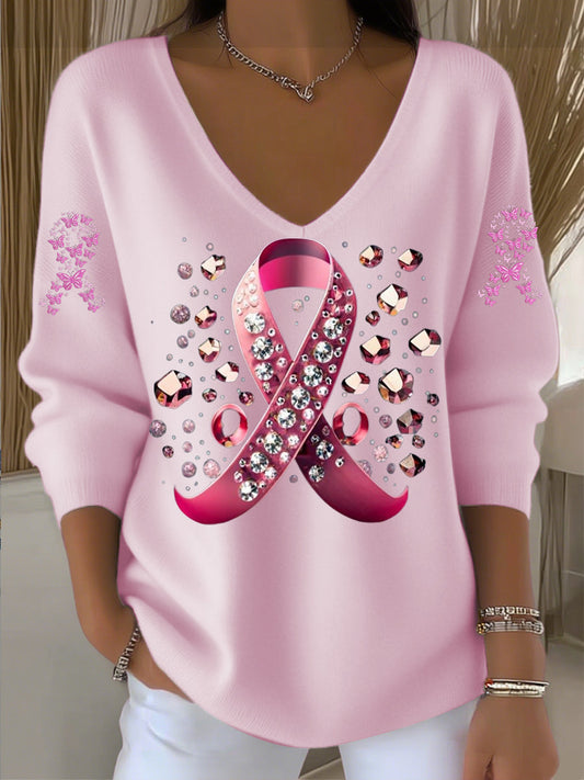 Różowy rak piersi Damski sweter z dekoltem w szpic