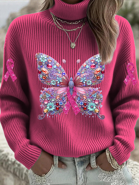 Damski różowy sweter z golfem z kryształu górskiego