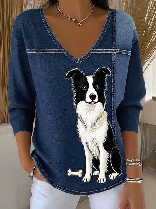 Damski retro zwierzęcy nadruk casualowy top z długim rękawem