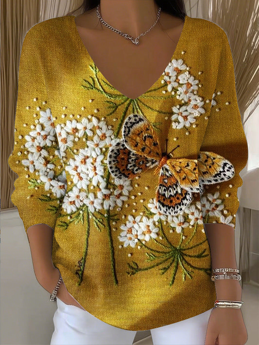 Damska koszulka z motylem w kwiaty w stylu vintage