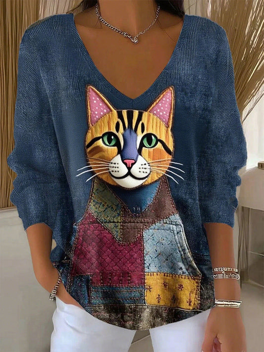 Damski retro zwierzęcy nadruk casualowy top z długim rękawem