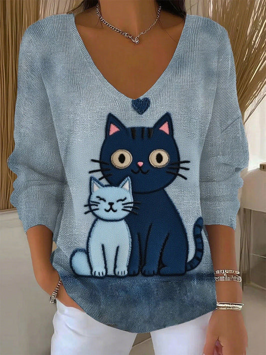 Damski retro zwierzęcy nadruk casualowy top z długim rękawem