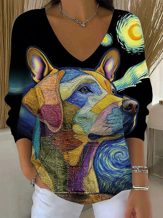 Damski retro zwierzęcy nadruk casualowy top z długim rękawem