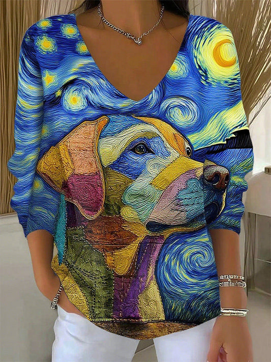 Damski retro zwierzęcy nadruk casualowy top z długim rękawem