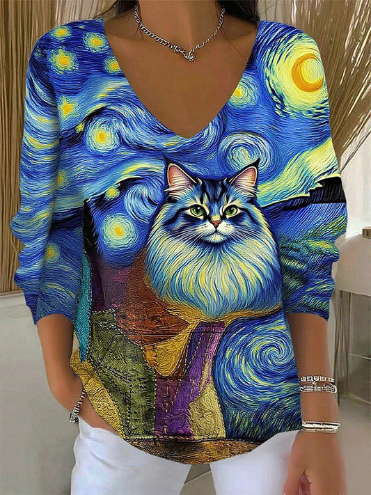 Damski retro zwierzęcy nadruk casualowy top z długim rękawem