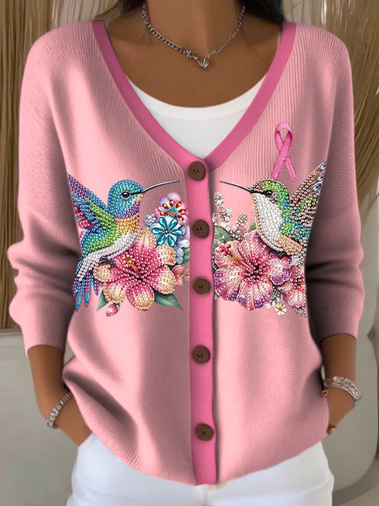Damski sweter z dzianiny „ Noś różowy w październiku ”Hummingbird V-Neck