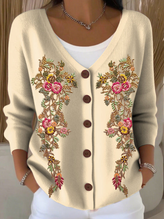 Romantyczny damski kardigan z dzianiny z kwiatowym dekoltem w szpic