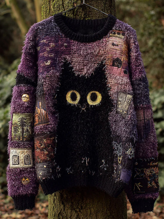 Damski sweter w stylu retro czarny kot z nadrukiem