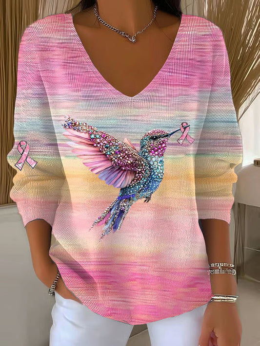 Damska wstążka z rakiem piersi bawełniana koszulka z długim rękawem w zwierzęcy wzór