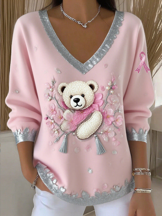 Damska wstążka z rakiem piersi bawełniana koszulka z długim rękawem w zwierzęcy wzór