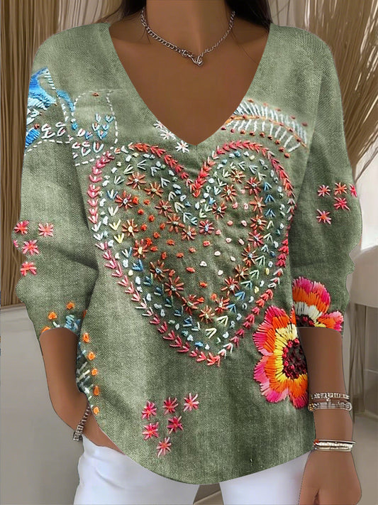 Damski Vintage Bohemian Patchwork Art V Neck Top