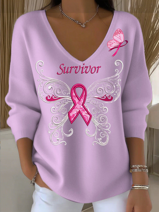 Damska wstążka motylkowa z motywem raka piersi Sweter z dekoltem w szpic
