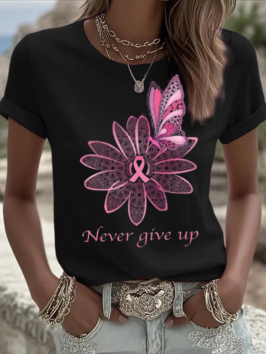 Damska wstążka z motylem kwiatowym nadrukowana koszula z krótkim rękawem