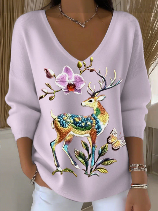 Damski sweter z dekoltem w szpic, haftowany z cętkowanym jeleniem