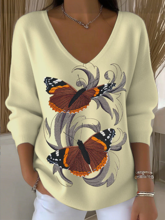 Damski żółty motyl haftowane sweter z dekoltem w szpic