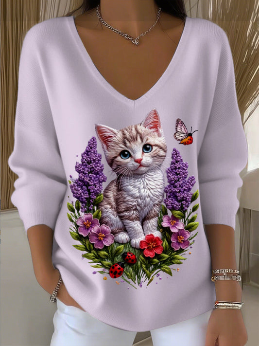 Damski mały kot haftowany sweter z dekoltem w szpic
