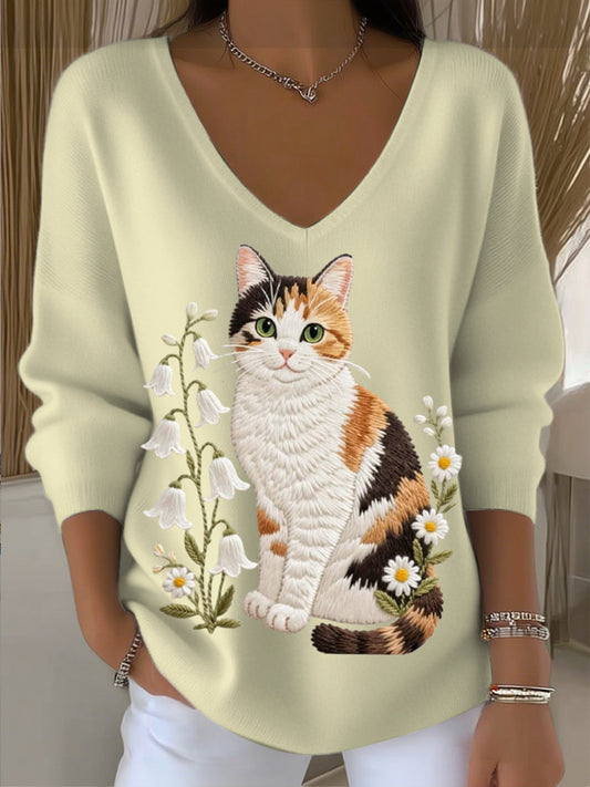 Damski słodki kot haftowany sweter z dekoltem w szpic