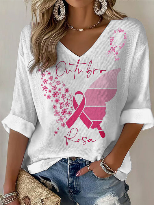 Damski motyw z motywem raka piersi z dekoltem w szpic Krótka koszulka