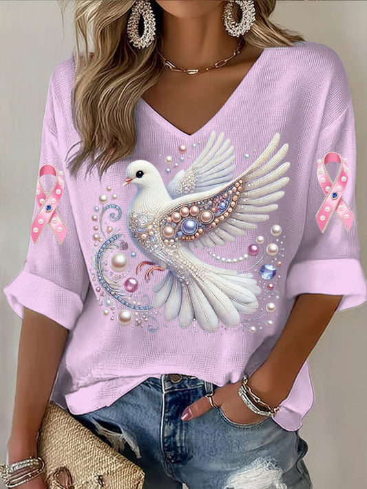 Damski perłowy wzór gołębia krótki T-shirt z dekoltem w szpic