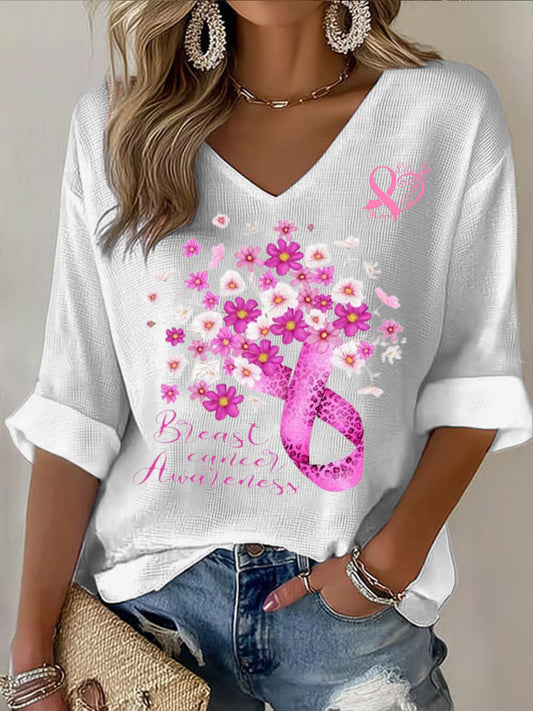 Damska oliwkowa wstążka na raka piersi z nadrukowanym dekoltem w szpic z długim rękawem