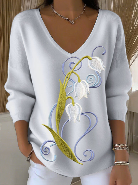 Damski jasnoniebieski fioletowy kwiatowy haft sweter z dekoltem w szpic