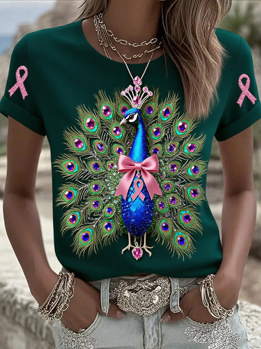 Damska bawełniana koszulka z nadrukiem wstążki raka piersi