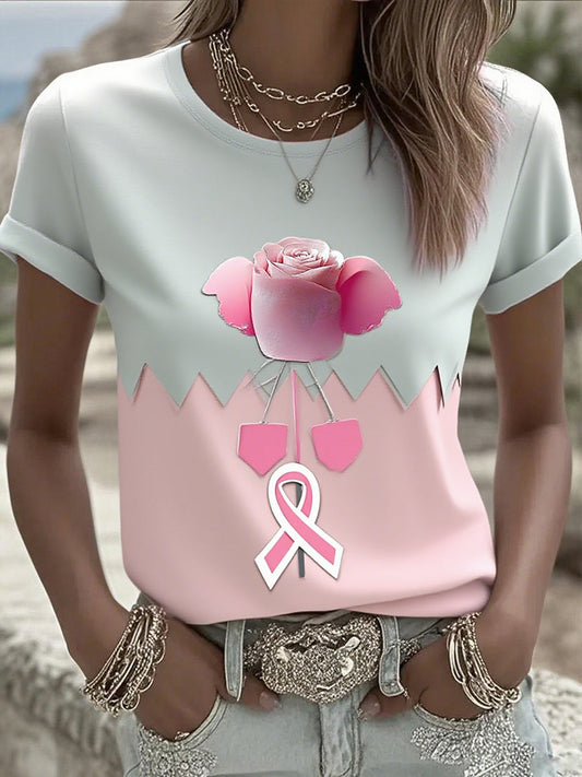 Damska bawełniana koszulka z nadrukiem wstążki raka piersi