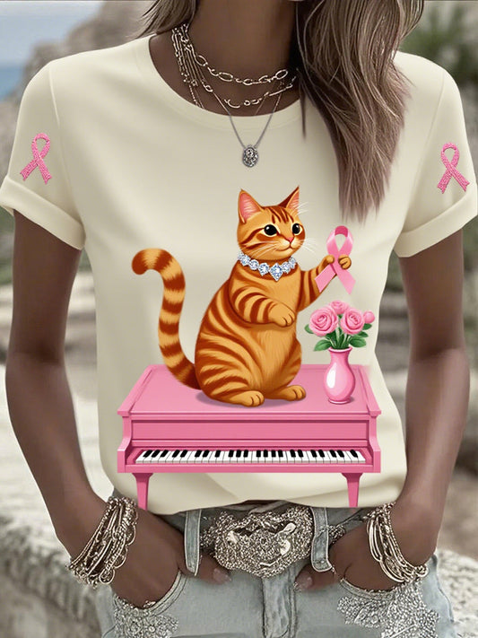 Damska bawełniana koszulka z nadrukiem wstążki raka piersi