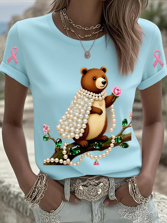 Damska bawełniana koszulka z nadrukiem wstążki raka piersi