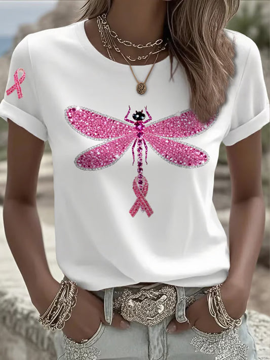 Damska bawełniana koszulka z nadrukiem wstążki raka piersi