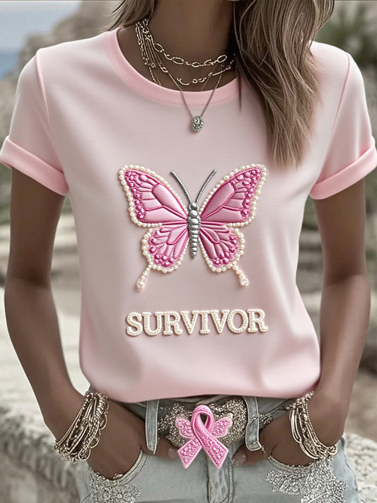Damska bawełniana koszulka z nadrukiem wstążki raka piersi
