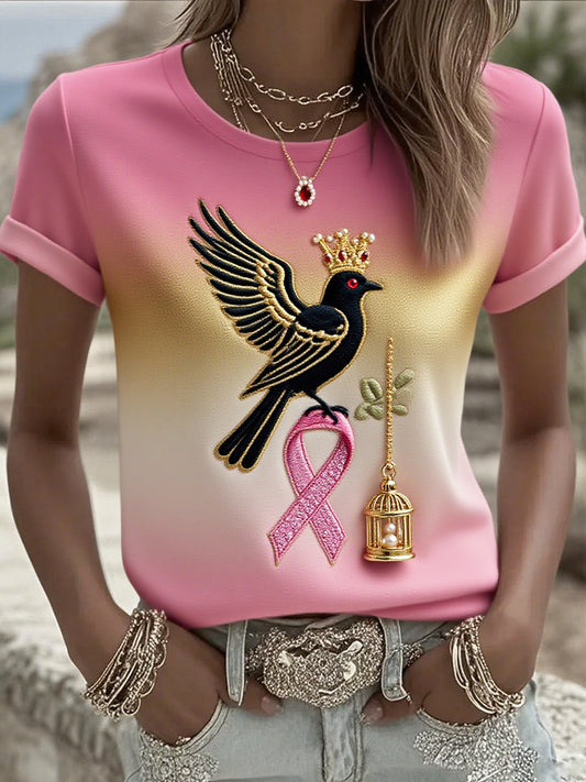 Damska bawełniana koszulka z nadrukiem wstążki raka piersi